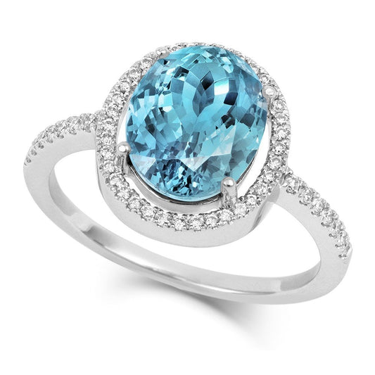 18ct White Gold Aquamarine & Diamond Ring Size L