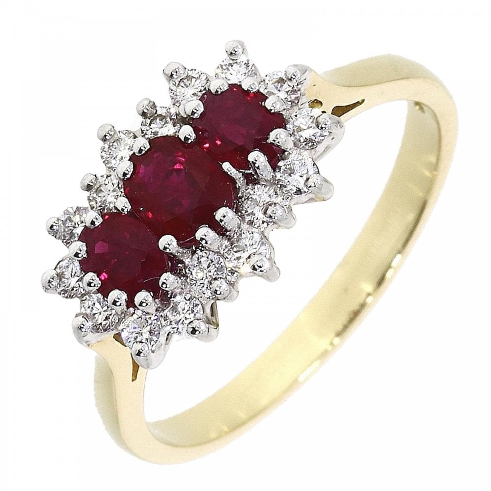 18ct YG 3 Stone Ruby & Diamond Cluster Ring