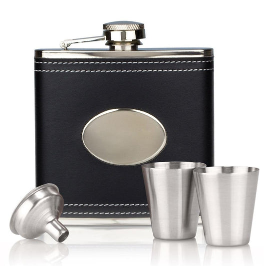 6oz Captive Top Flask Black Leather with Funnel and Cups