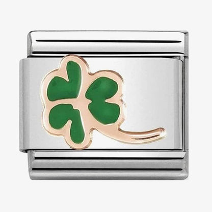 Classic Composable Rose Gold Green Enamel Four Leaf Clover Charm