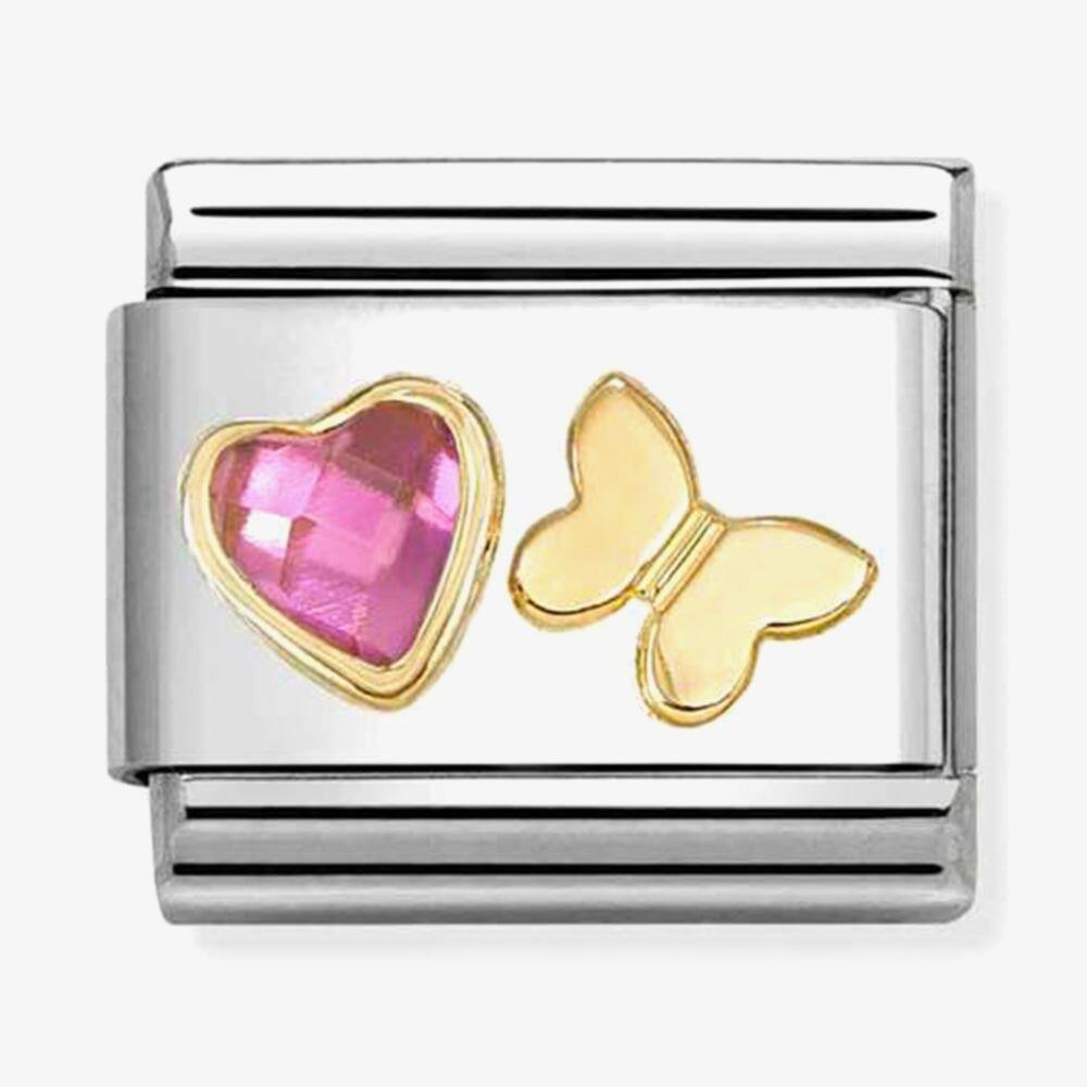 Classic Pink CZ Heart Gold Butterfly Charm