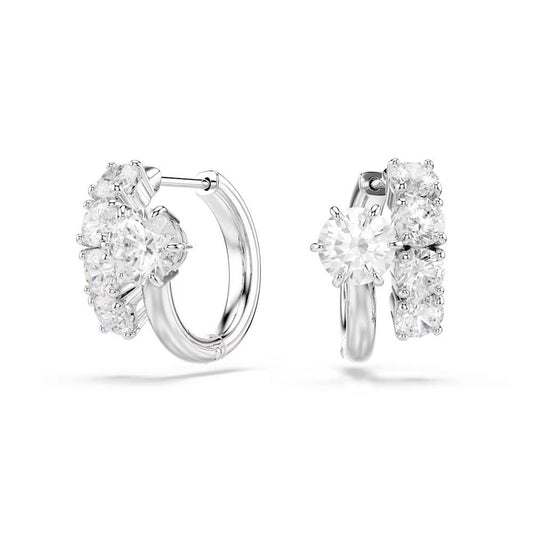 Matrix hoop earrings, Round cut, White, Rhodium
