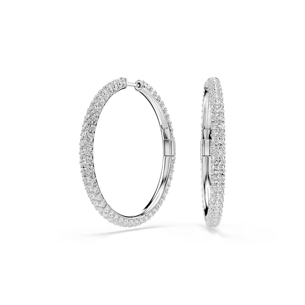 Dextera hoop earrings, Round cut, White, Rhodium