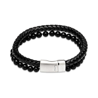Unique Black Leather & Onyx Bead Double Bracelet