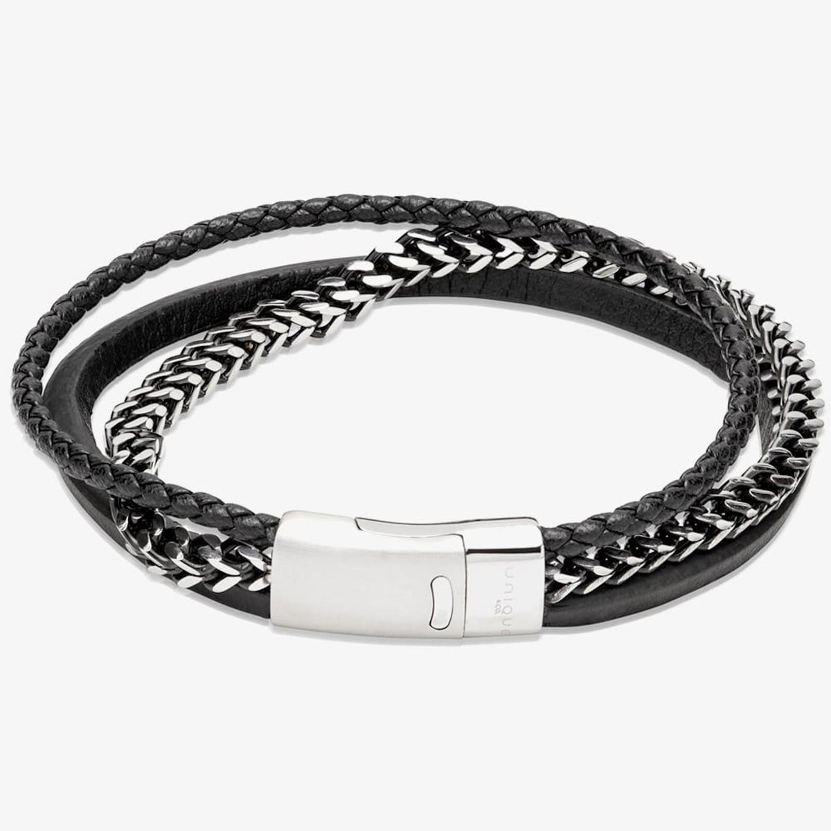 Unique Black Leather Steel Chain 3 Row Bracelet