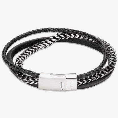 Unique Black Leather Steel Chain 3 Row Bracelet