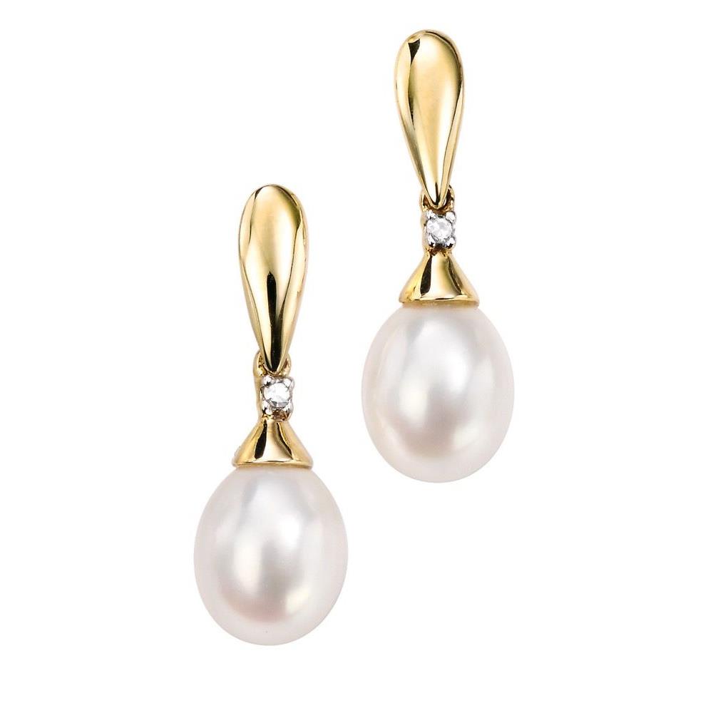 9ct Y Gold Pearl & Diamond Drop Earrings