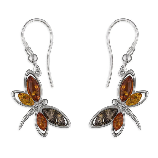 Silver Mixed Amber Dragonfly Drop Earrings