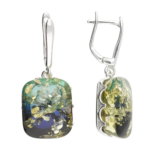 Silver Green Amber Cushion Drop Earrings