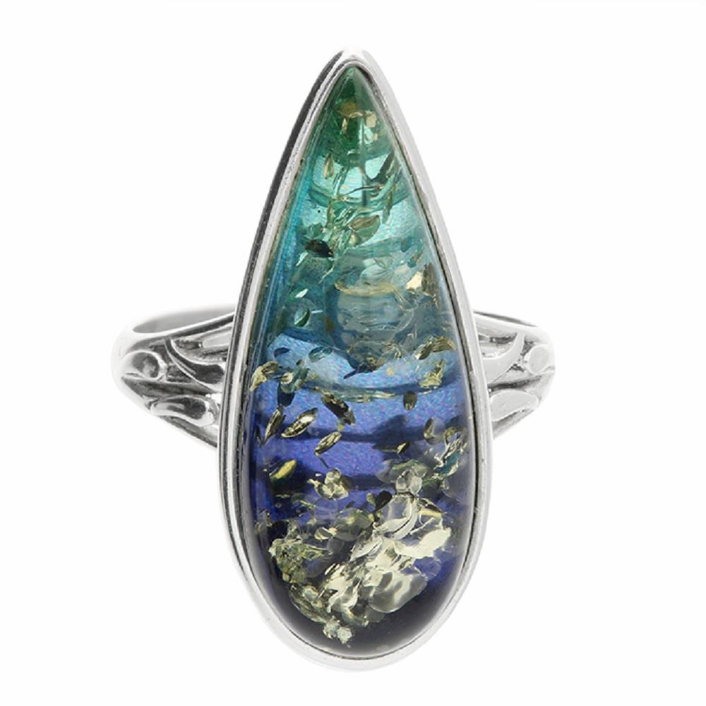 Silver Blue AmberTeardrop Ring Size N