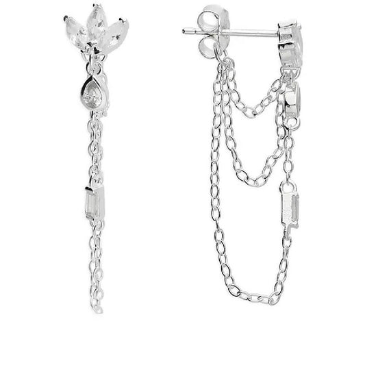 Sterling Silver CZ Petal Chain Link Drop Earrings