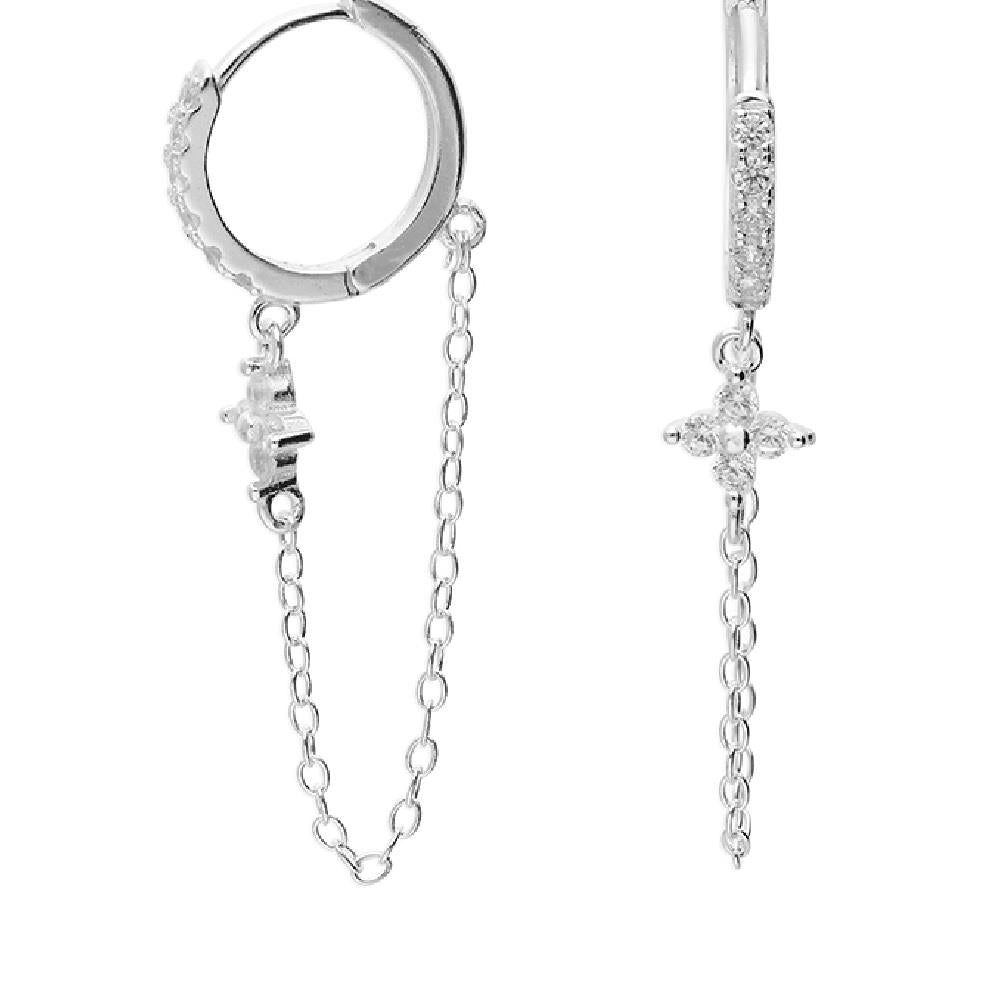 Sterling Silver CZ Flower Chain Link Huggie Earrings