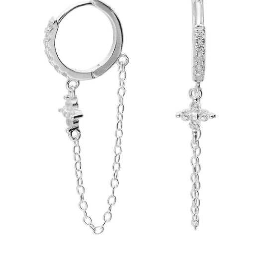 Sterling Silver CZ Flower Chain Link Huggie Earrings