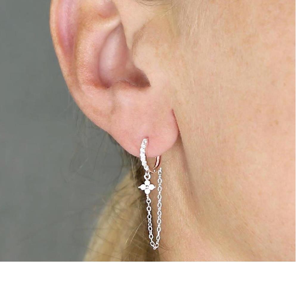 Sterling Silver CZ Flower Chain Link Huggie Earrings