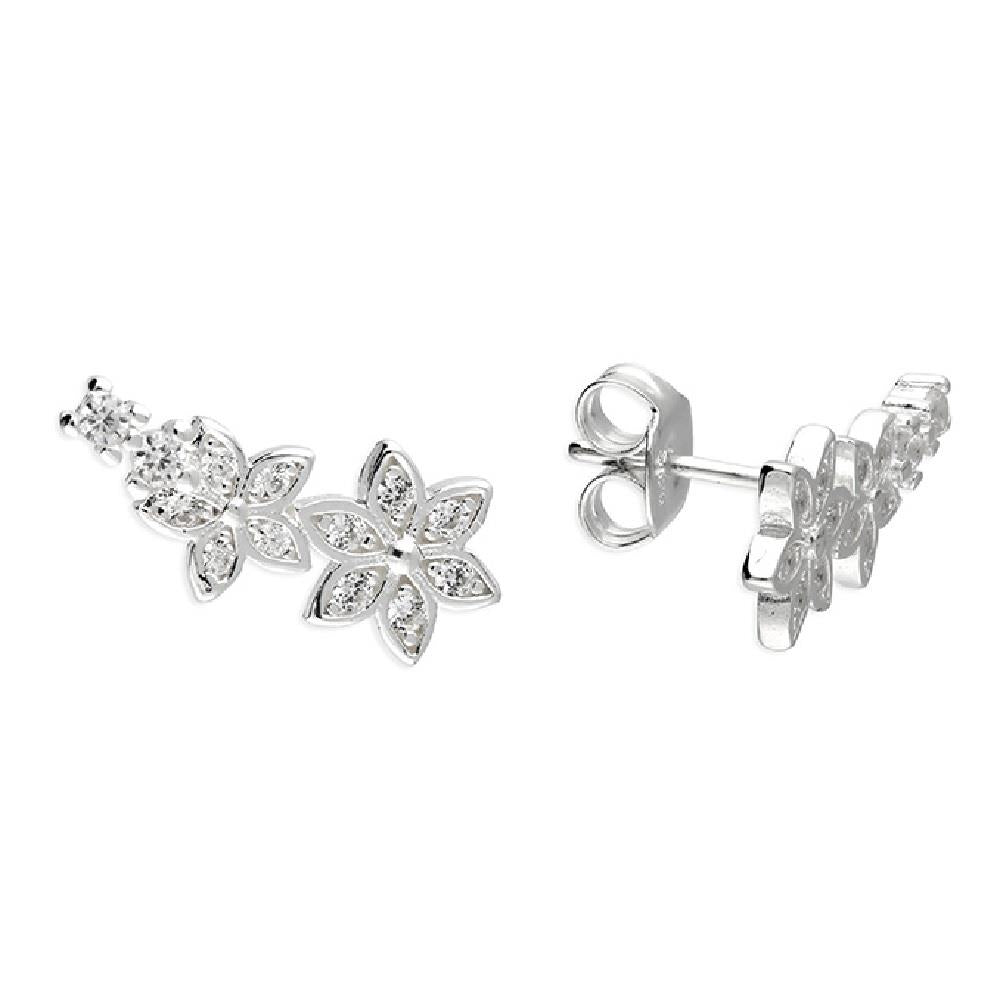 Sterling Silver CZ Flower Climber Stud Earrings
