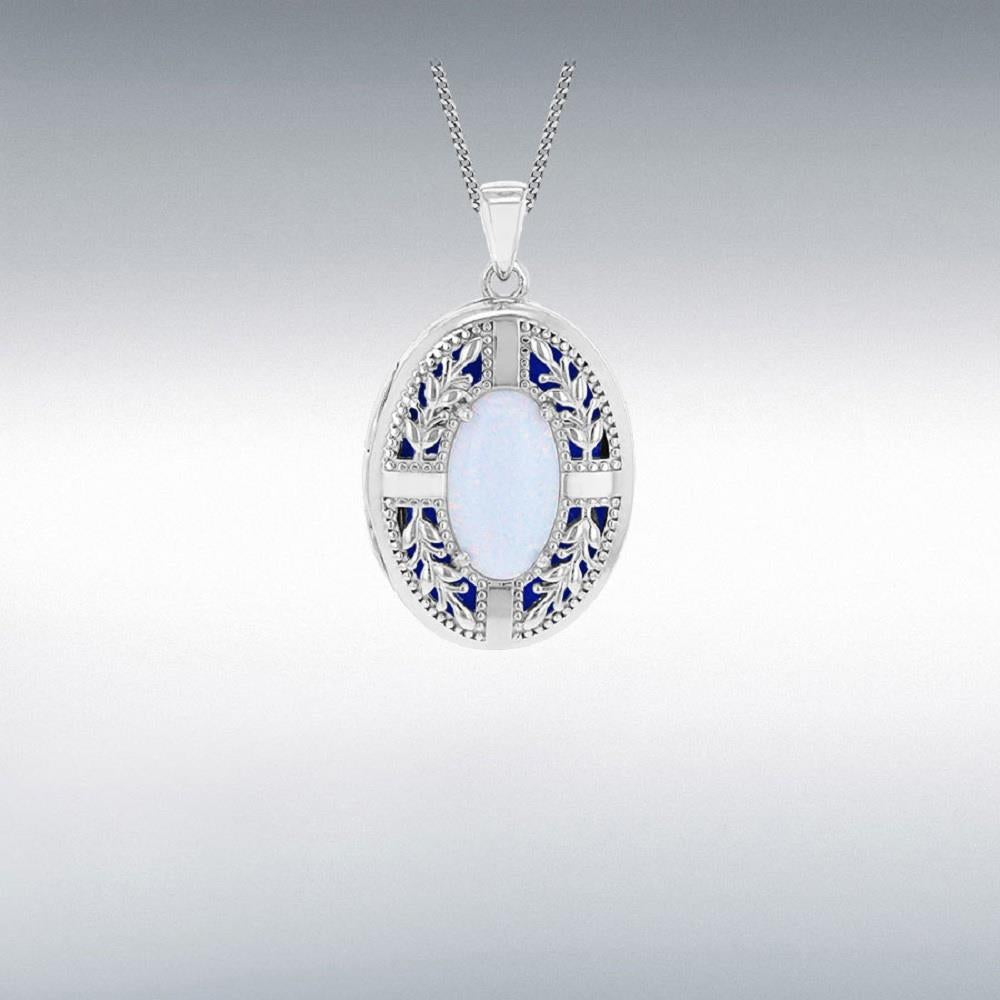 Sterling Silver Synthetic Opal Oval leaf Locket