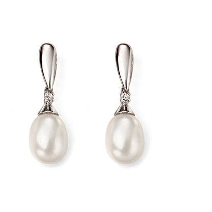 9ct White Gold Pearl  & Diamond Drop Earrings