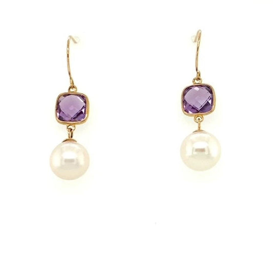 9ct Amethyst and Cultured Pearl Drop Earrings