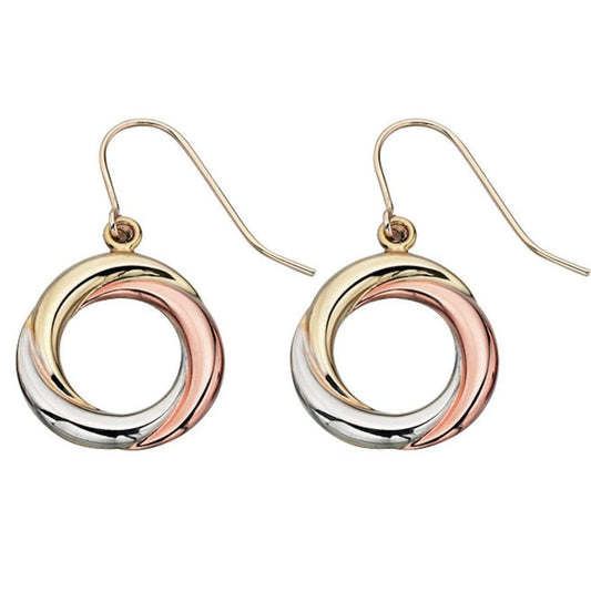 9ct Gold 3 Colour Twisted Ring Drop Earrings