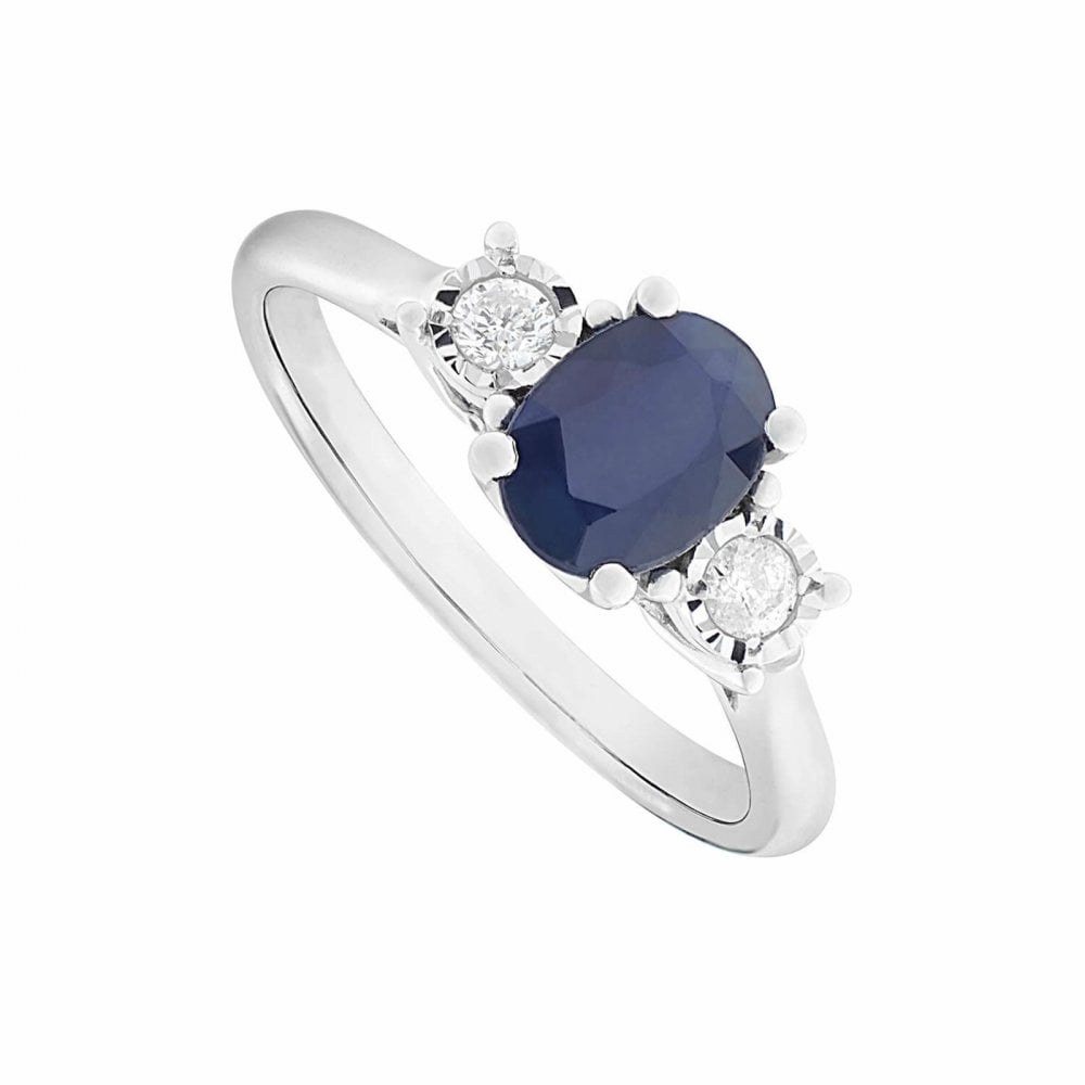 9ct Gold Oval Sapphire and Diamond 3 Stone Ring