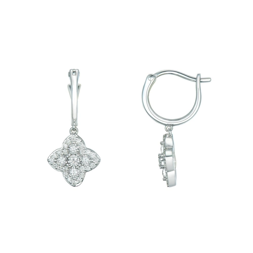 9ct White Clover Halo Diamond Cluster Earrings
