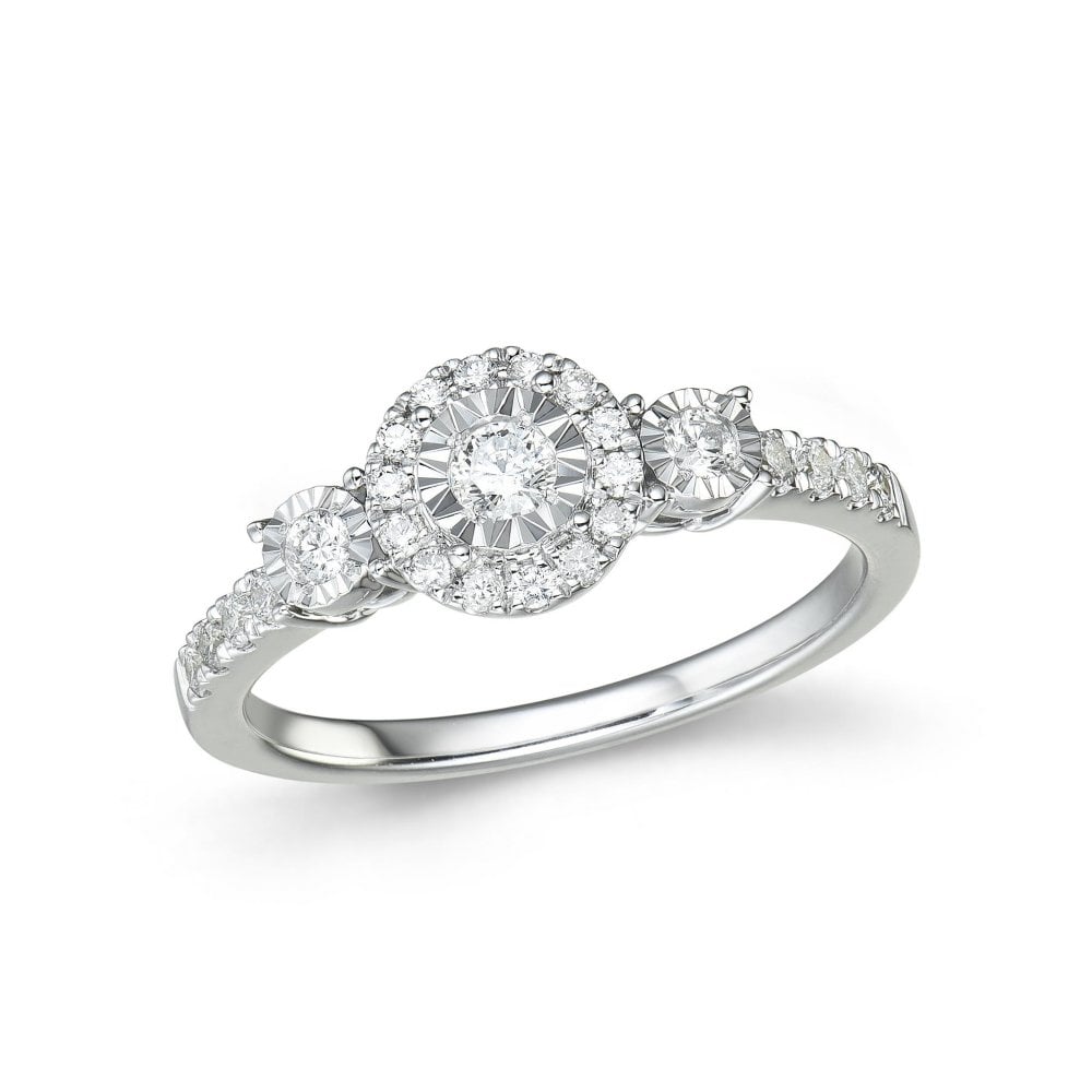 9ct White Gold 3 Stone Halo Diamond 0.35ct Ring