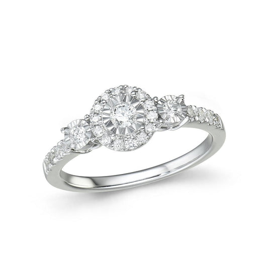 9ct White Gold 3 Stone Halo Diamond 0.35ct Ring