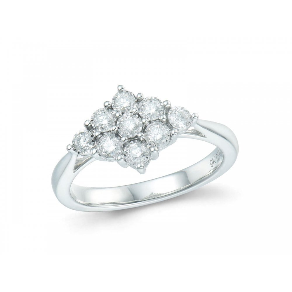 9ct White Gold 9 Stone Diamond 0.33ct Cluster Ring