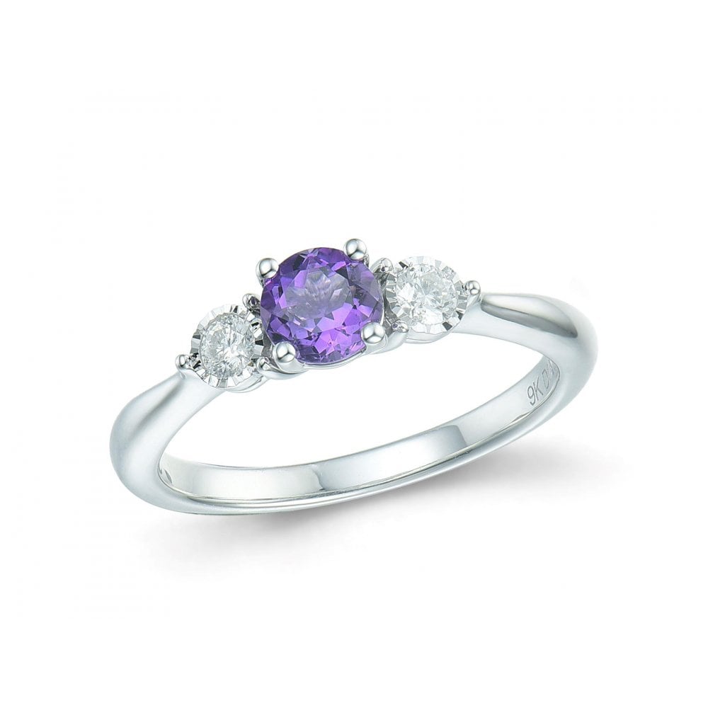 9ct White Gold Amethyst & Diamond 3 Stone Ring
