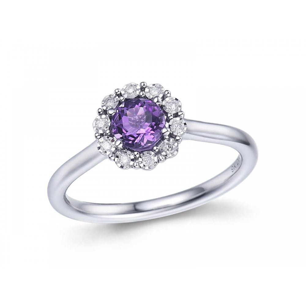 9ct White Gold Amethyst & Diamond Cluster Ring