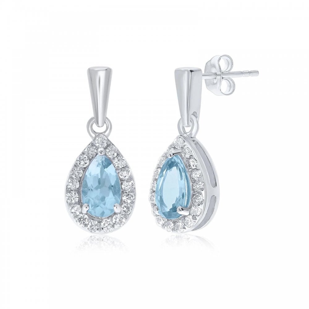 9ct White Gold Aqua & Diamond Drop Earrings