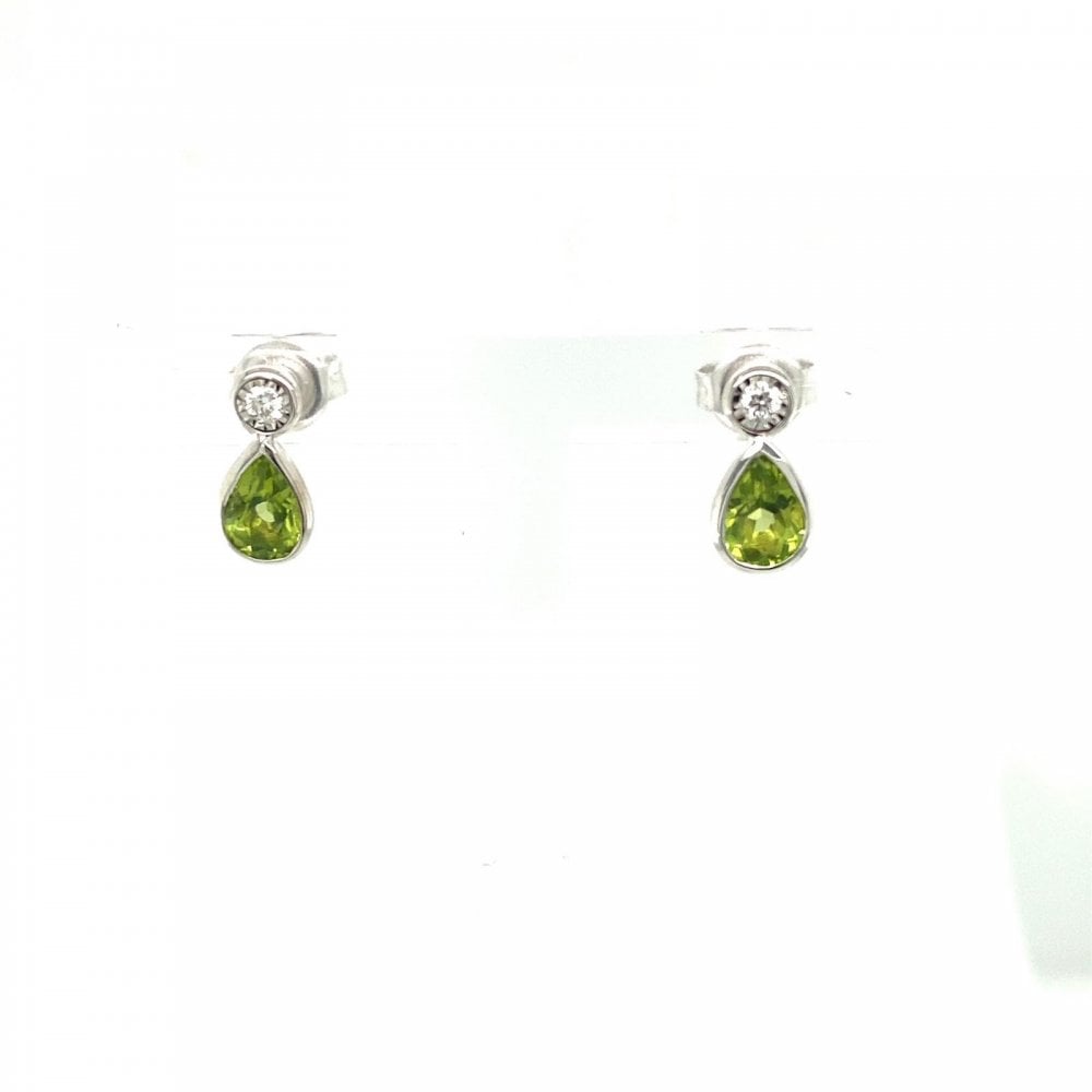 9ct White Gold Dia & Peridot Peardrop Earrings