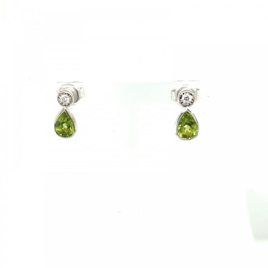 9ct White Gold Dia & Peridot Peardrop Earrings