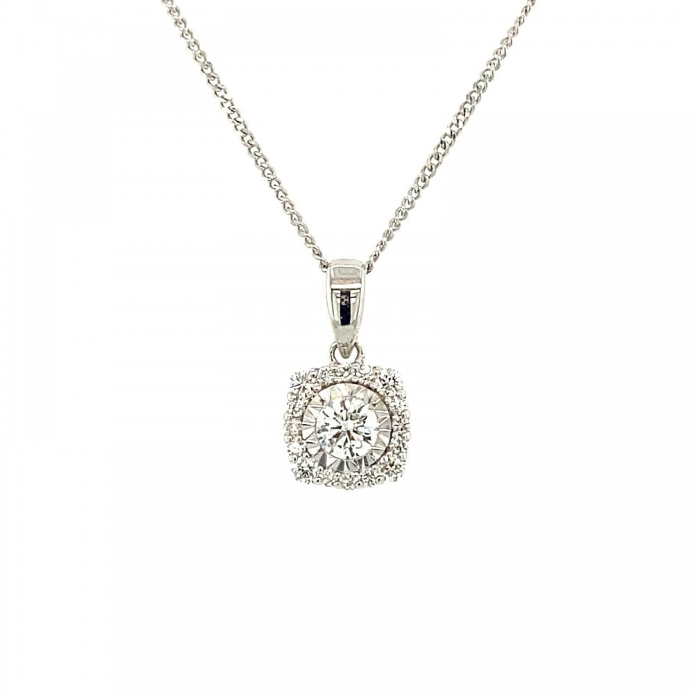 9ct White Gold Diamond Set 0.26 Pendant & Chain