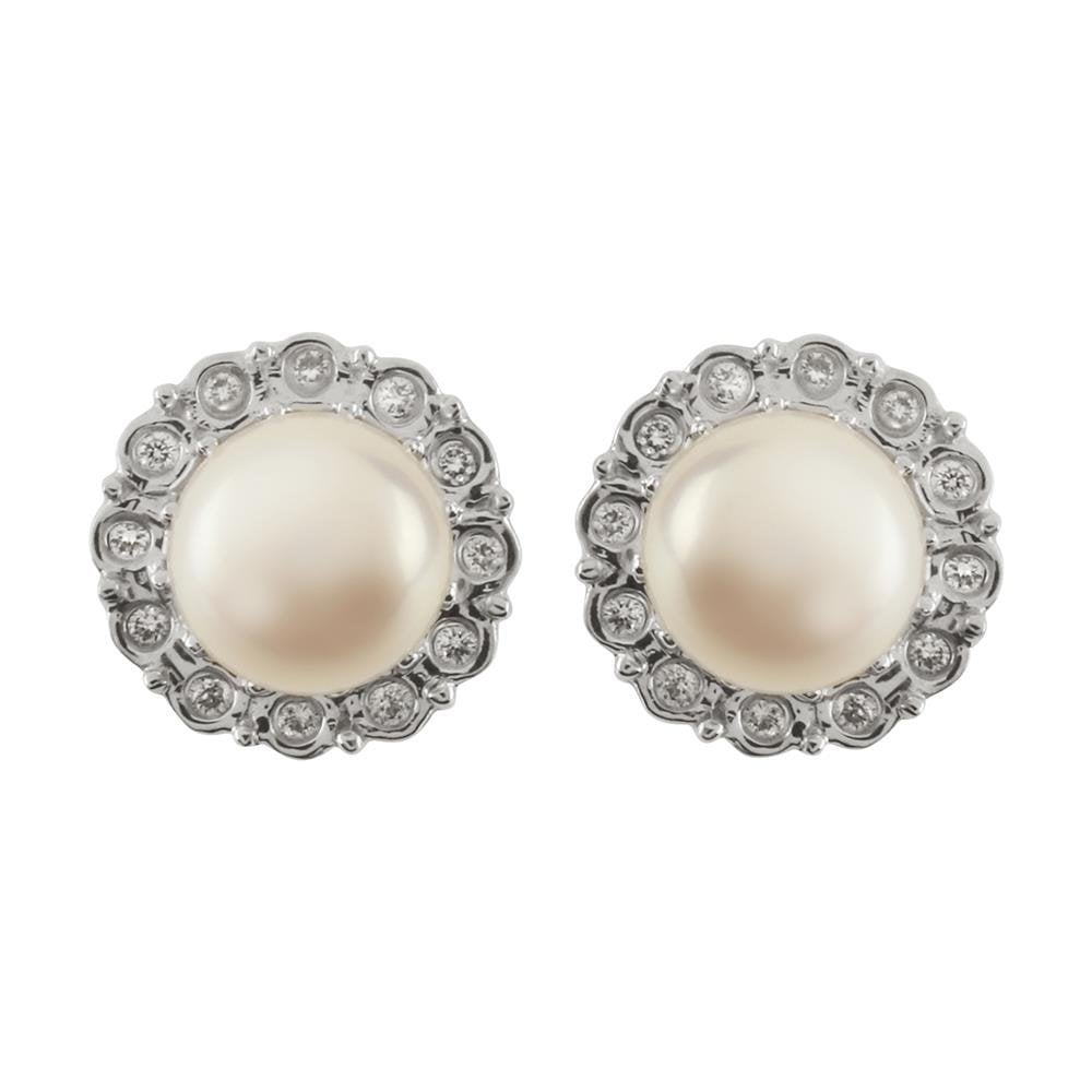 9ct White Gold Freshwater Pearl & Daimond Earrings