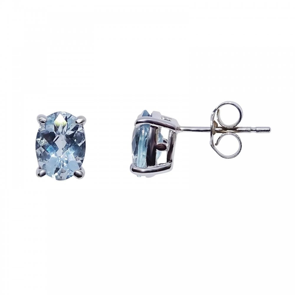 9ct White Gold Oval Aqua Stud Earrings