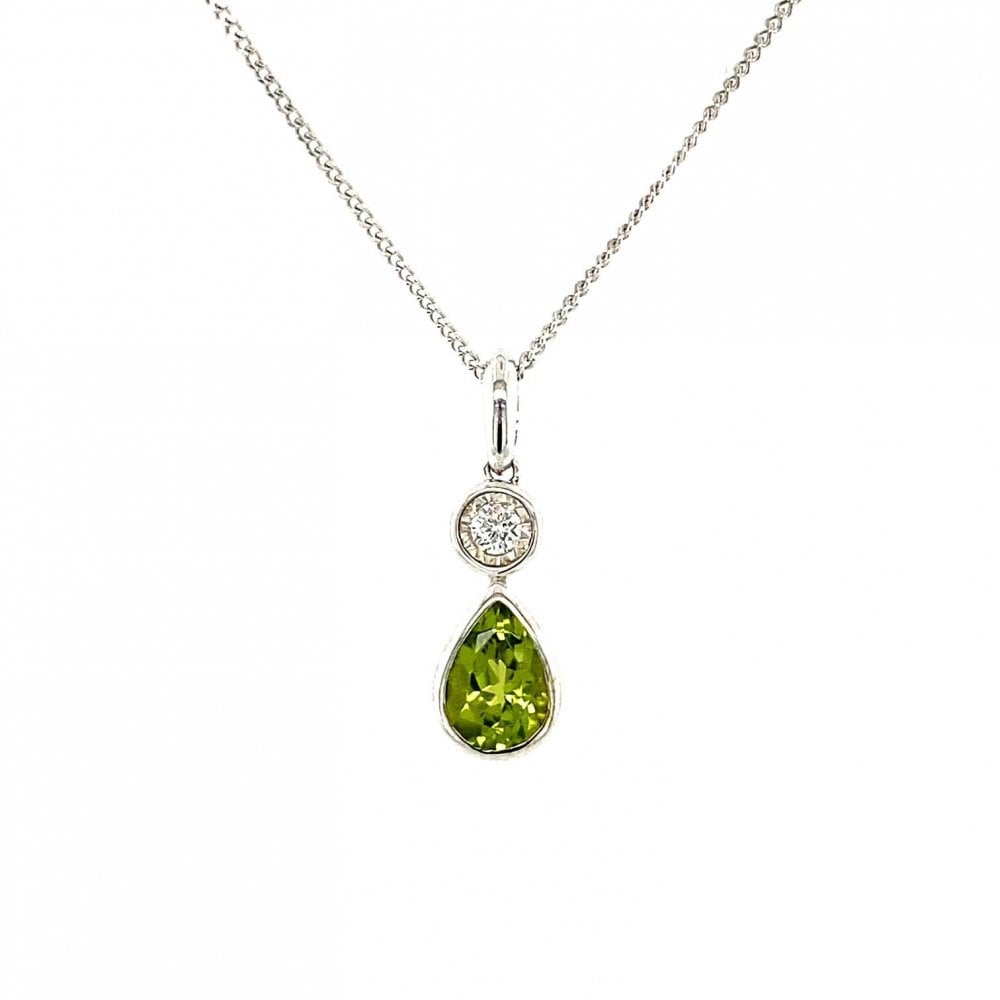 9ct White Gold Pear Drop Peridot & Diamond Pendant