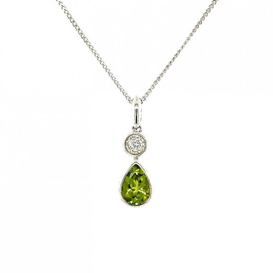 9ct White Gold Pear Drop Peridot & Diamond Pendant
