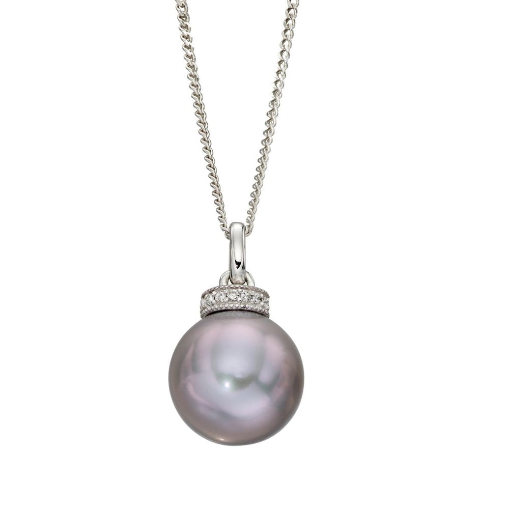 9ct White Gold Pearl and Diamond Pendant and Chain