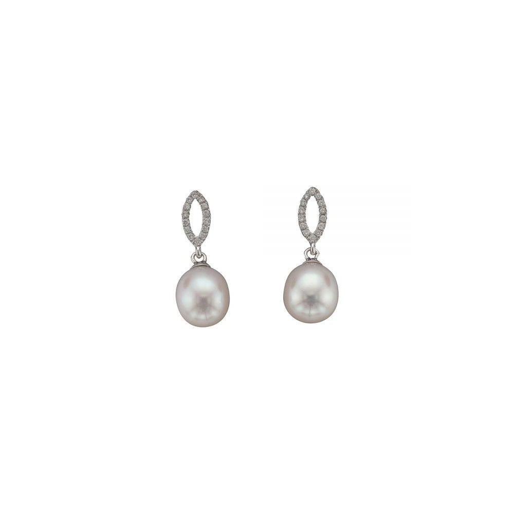 9ct White Gold Pearl & Diamond Drop Earrings