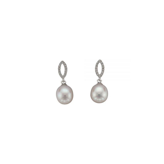9ct White Gold Pearl & Diamond Drop Earrings
