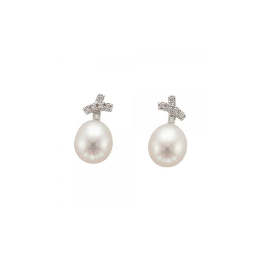 9ct White Gold Pearl & Diamond Stud Earrings