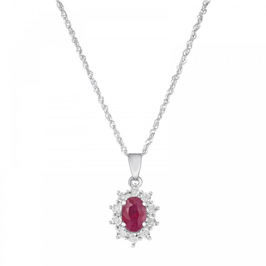 9ct White Gold Ruby and Diamond Cluster Pendant
