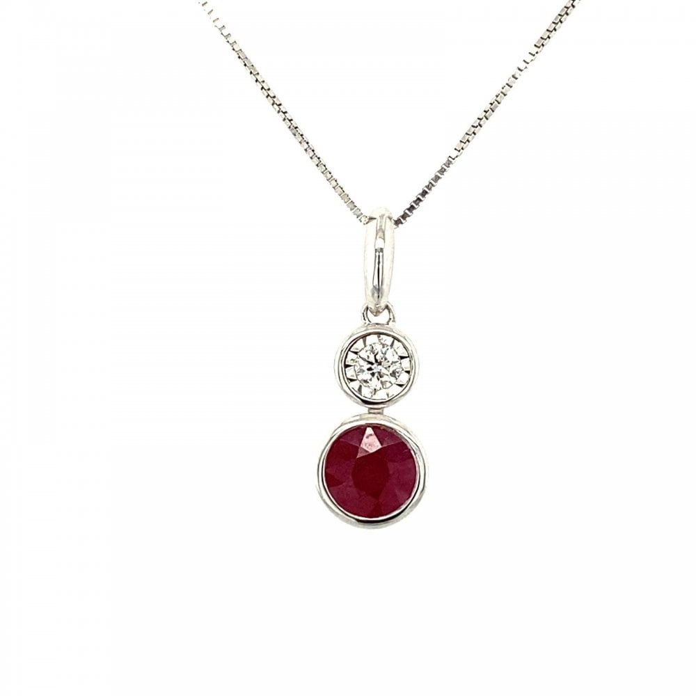 9ct White Gold Ruby and Diamond Pendant & Chain