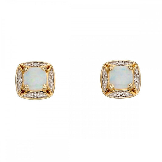 9ct Y Gold White Opal Diamond Stud Earrings