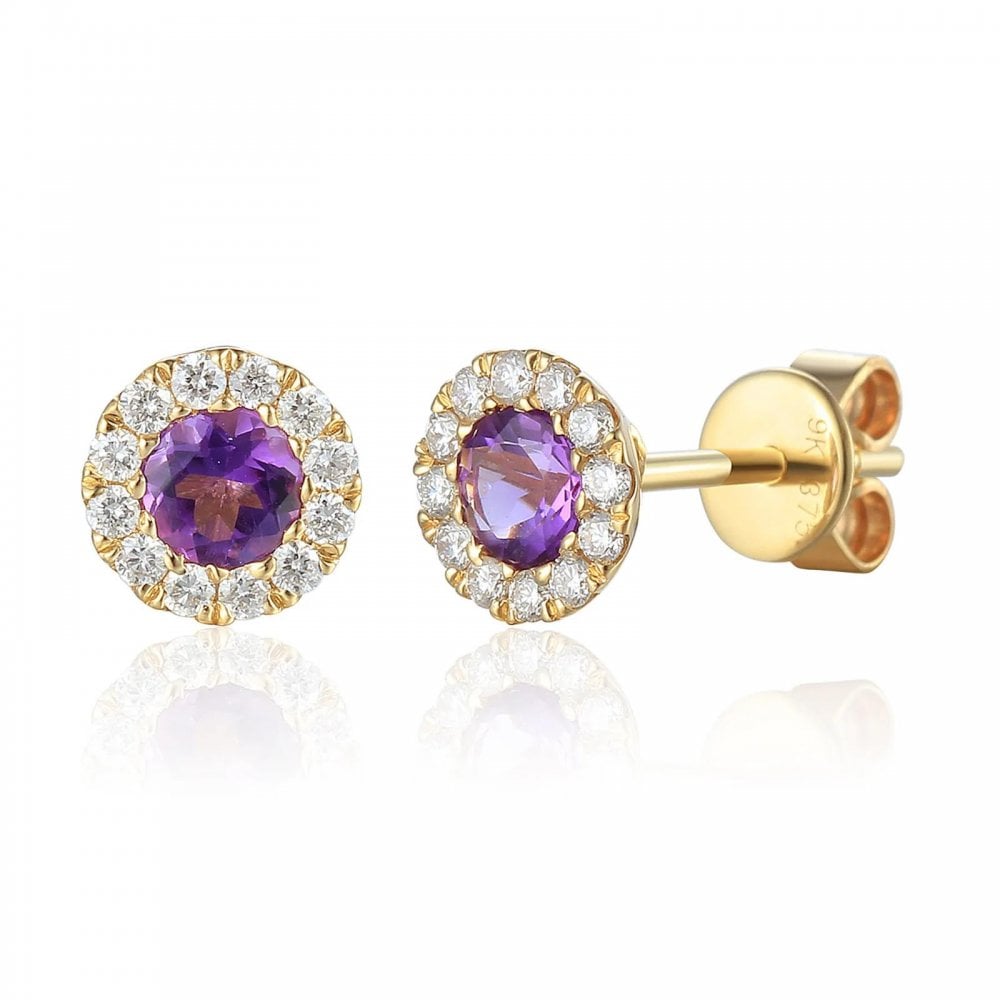 9ct Yellow Gold Amethyst & Diamond Earrings