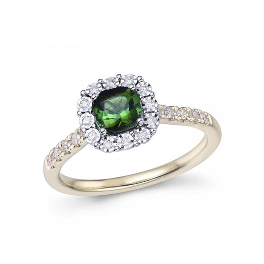 9ct Yellow Gold Green Tourmaline & Diamond Ring