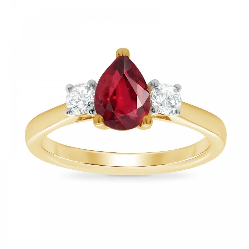 9ct Yellow Gold Lab Grown Pear Ruby & Diamond Ring