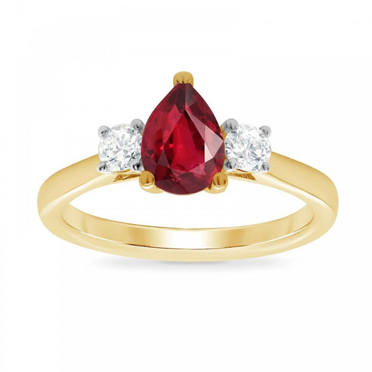 9ct Yellow Gold Lab Grown Pear Ruby & Diamond Ring