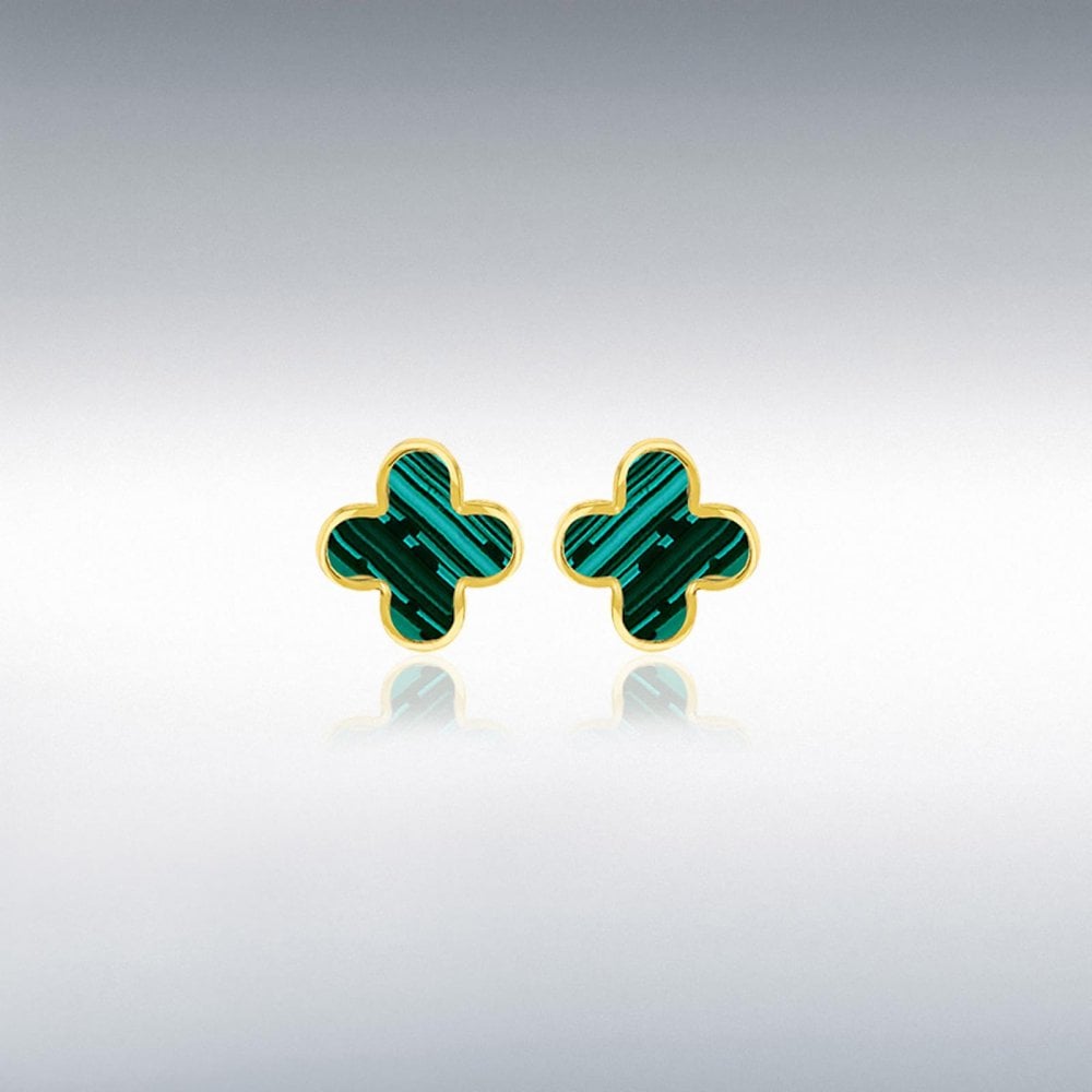 9ct Yellow Gold Malachite Clover Stud Earrings